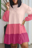 Pink Fashion Casual Patchwork Basic O Neck Long Sleeve Dresses