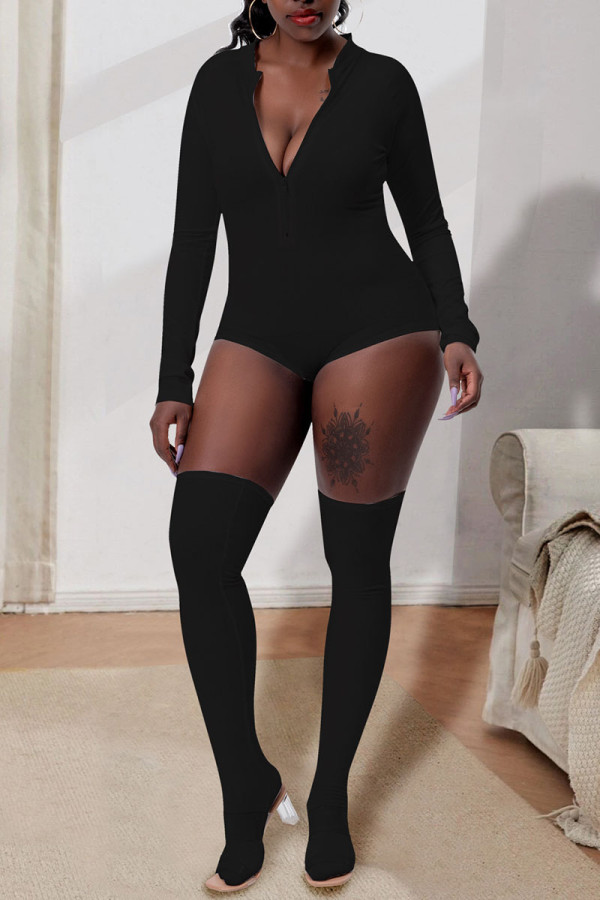 Black Street Solid Patchwork Zipper Regular Rompers (Including Socks)
