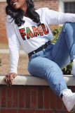 White Fashion Casual Letter Print Basic O Neck Tops