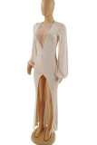 White Sexy Solid Patchwork High Opening V Neck Straight Dresses