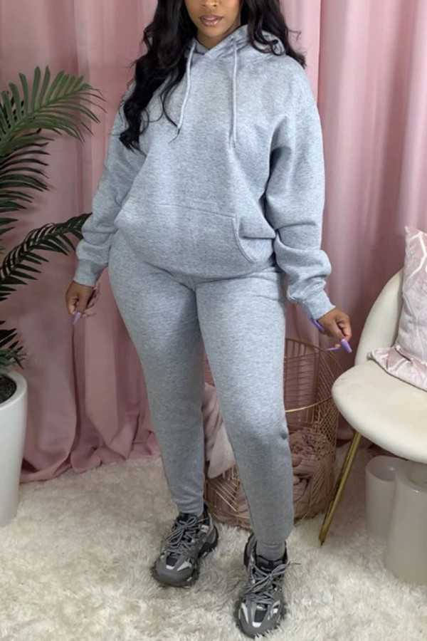 Grey Sexy Print Hooded Collar Long Sleeve Two Pieces