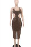 Brown Fashion Sexy Patchwork Sequins Backless U Neck Sling Dress