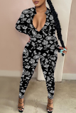 Black Sexy Print Patchwork Zipper Collar Skinny Jumpsuits