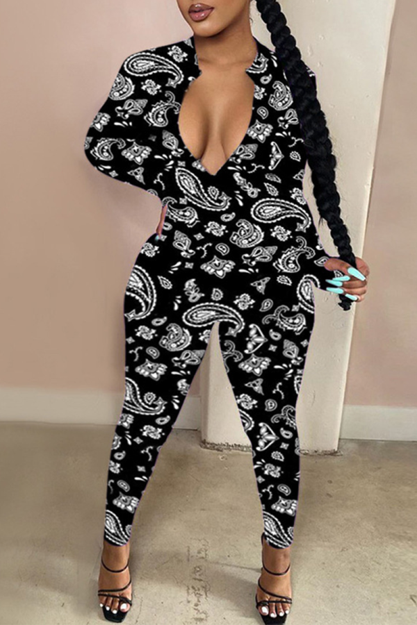 Black Sexy Print Patchwork Zipper Collar Skinny Jumpsuits