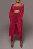 Red Casual Solid Patchwork U Neck Long Sleeve Three Pieces