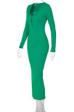 Green Fashion Casual Solid Slit V Neck Long Sleeve Dresses