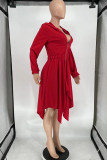 Red Casual Solid Patchwork Asymmetrical Zipper Hooded Collar Irregular Dress Dresses