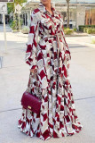 Red Casual Print Patchwork Buckle Turndown Collar Shirt Dress Dresses