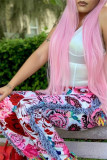 Pink Fashion Casual Print Tassel Patchwork Regular High Waist Pencil Trousers