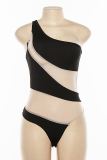 Black Sexy Color Block See-through One Shoulder Skinny Bodysuits