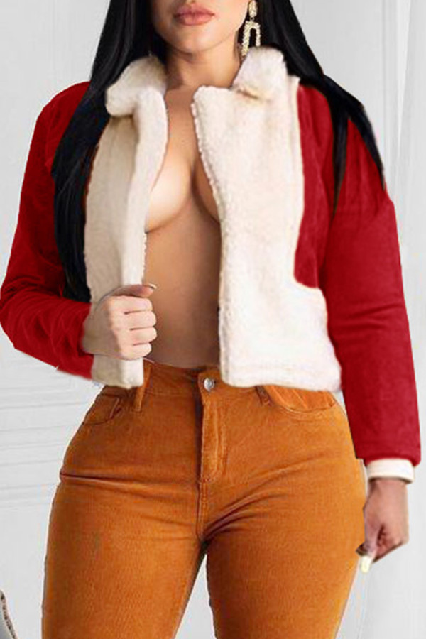 Red Fashion Casual Patchwork Cardigan Turndown Collar Outerwear