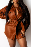 Khaki Fashion Casual Solid With Belt Turndown Collar Long Sleeve Dresses