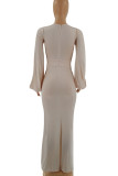 White Sexy Solid Patchwork High Opening V Neck Straight Dresses