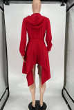 Red Casual Solid Patchwork Asymmetrical Zipper Hooded Collar Irregular Dress Dresses
