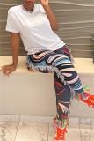 Pink Fashion Casual Print Tassel Patchwork Regular High Waist Pencil Trousers