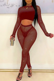 Black Sexy Solid Patchwork See-through Sequins O Neck Long Sleeve Two Pieces