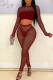 Burgundy Sexy Solid Patchwork See-through Sequins O Neck Long Sleeve Two Pieces
