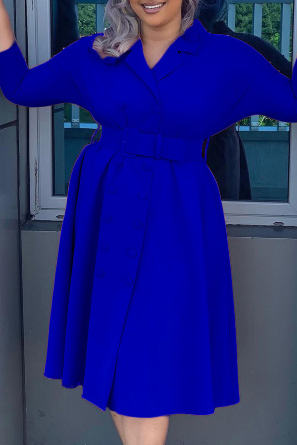 Blue Fashion Casual Solid Without Belt Turndown Collar A Line Dresses