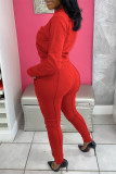 Red Fashion Casual Solid Basic O Neck Long Sleeve Two Pieces