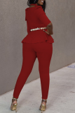 Tangerine Red Work Solid Flounce V Neck Half Sleeve Two Pieces (not with Belt)