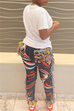 Pink Fashion Casual Print Tassel Patchwork Regular High Waist Pencil Trousers