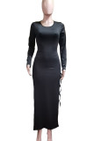 Black Sexy Solid Bandage Hollowed Out Split Joint Backless Slit O Neck Straight Dresses