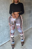 Pink Fashion Casual Print Tassel Patchwork Regular High Waist Pencil Trousers