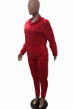 Red Casual Solid Split Joint Hooded Collar Long Sleeve Two Pieces