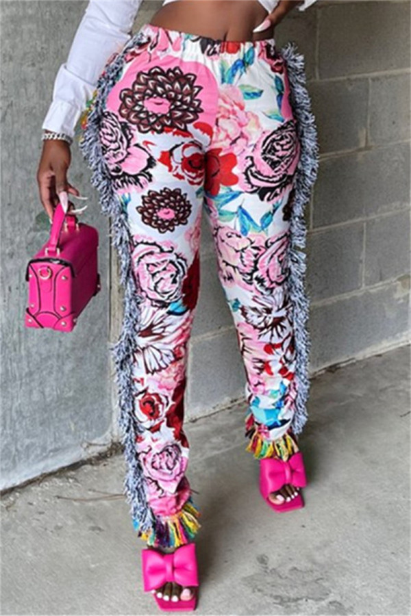 Pink Fashion Casual Print Tassel Patchwork Regular High Waist Pencil Trousers