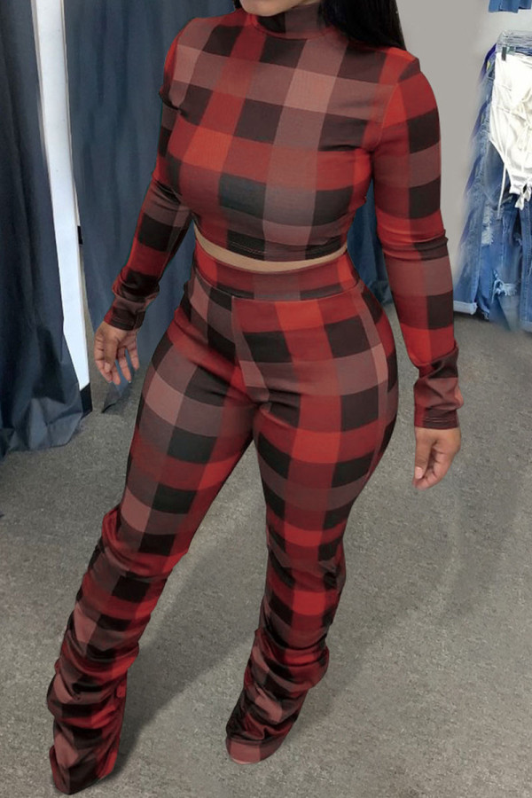 Burgundy Casual Plaid Print Patchwork Fold Half A Turtleneck Long Sleeve Two Pieces