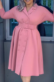 Pink Fashion Casual Solid Without Belt Turndown Collar A Line Dresses