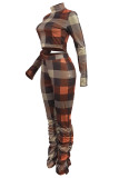 Orange Sexy Plaid Print Fold O Neck Long Sleeve Two Pieces