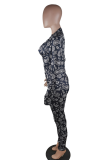 Black Sexy Print Patchwork Zipper Collar Skinny Jumpsuits