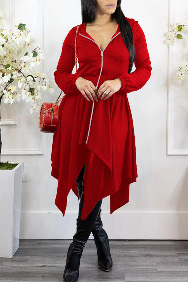 Red Casual Solid Patchwork Asymmetrical Zipper Hooded Collar Irregular Dress Dresses