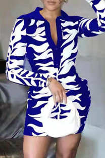 Blue Fashion Casual Print Split Joint Turndown Collar Long Sleeve Dresses