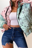 Pink Green Fashion Casual Print Patchwork Hooded Collar Outerwear