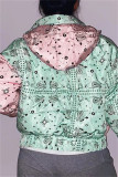 Pink Green Fashion Casual Print Patchwork Hooded Collar Outerwear