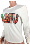 White Fashion Casual Letter Print Basic O Neck Tops