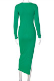 Green Fashion Casual Solid Slit V Neck Long Sleeve Dresses
