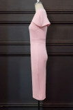 Pink Elegant Solid Patchwork Zipper V Neck One Step Skirt Dresses