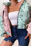 Pink Green Fashion Casual Print Patchwork Hooded Collar Outerwear