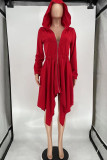 Red Casual Solid Patchwork Asymmetrical Zipper Hooded Collar Irregular Dress Dresses