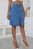 Medium Blue Casual Solid Patchwork Slit High Waist Denim Skirts