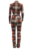 Orange Sexy Plaid Print Fold O Neck Long Sleeve Two Pieces