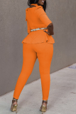 Tangerine Red Work Solid Flounce V Neck Half Sleeve Two Pieces (not with Belt)