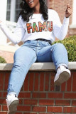 White Fashion Casual Letter Print Basic O Neck Tops