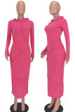 Rose Red Casual Solid Patchwork Hooded Collar One Step Skirt Dresses