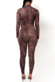 Leopard Print Fashion Casual Leopard Printing Turtleneck Skinny Jumpsuits