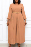 Green Casual Elegant Solid Split Joint With Belt O Neck Straight Jumpsuits