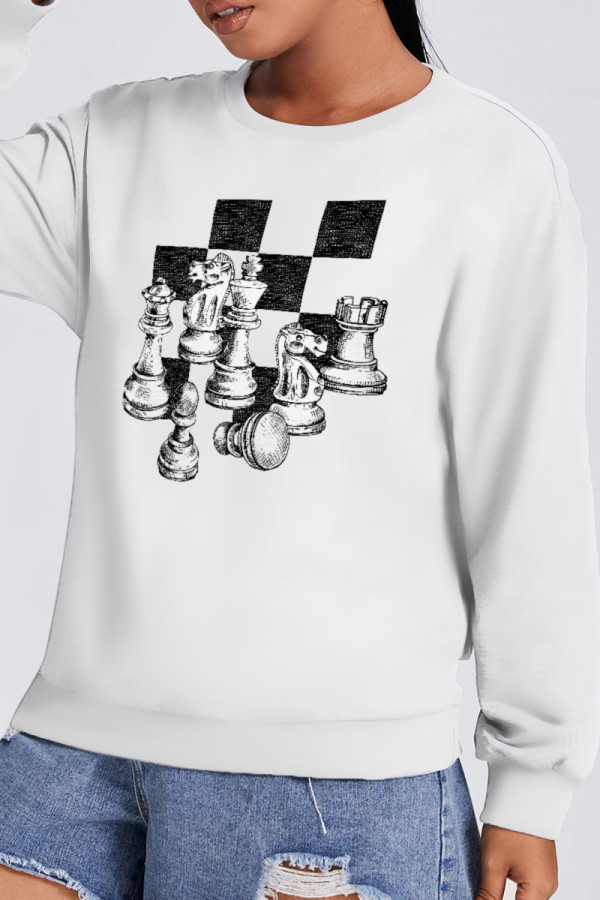 White Fashion Sweet Plaid Print Patchwork O Neck Tops